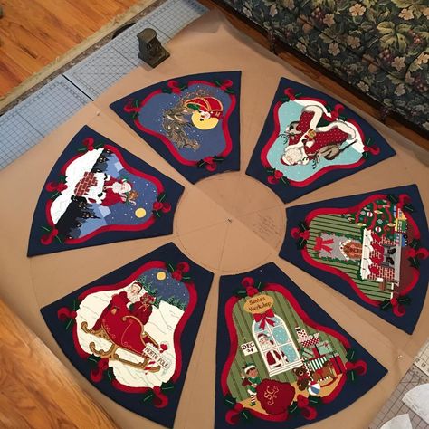 Needleworks Birmingham on Instagram: “Loving the challenge of assembling this six-panel Christmas tree skirt. It is over five feet in diameter! Can’t wait for the fabric to…” Needlepoint Tree Skirt, Cross Stitch Tree Skirt, Needlepoint Stitches For Santas Coat, Needlepoint Stitches For Tree Trunks, Needlepoint Christmas Tree Stitches, Needlepoint Ornament Finishing, Cross Stitch Tree, Needlepoint Christmas, Cross Stitch Finishing