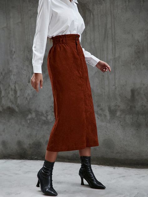 Brown Casual   Corduroy Plain Straight  Non-Stretch Spring/Fall Women Bottoms Long Courdory Skirt Outfit, Sewing Corduroy, Corderoy Skirt, Corduroy Skirt Outfit, Total Girl, Midi Skirt Outfit, Dresses Satin, Mid Skirt, Women Bottoms