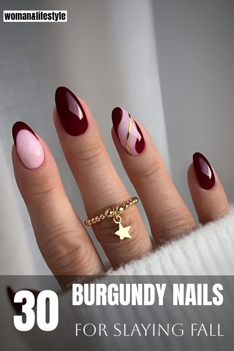 Burgundy nails with a gold star ring on a hand, text overlay: "30 Burgundy Nails for Slaying Fall". Mauve Nail Designs Nailart, Maroon Nail Designs French Tips, Garnet Inspired Nails, Burgundy Gel Manicure, Wine Nail Color Design, Cranberry Almond Nails, Maroon Nails Almond Shape, Cherry Wine Nails Design, Pink And Burgundy Nail Designs