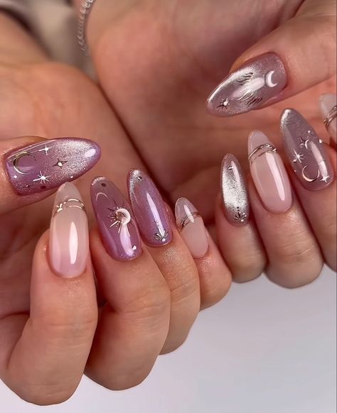 French Cateye Nailart, Douyin Nails Cat Eye, Celestial Cat Eye Nails, Nail Design With Chrome, Japanese Cat Eye Nails, Pink Cateye Nail Design, Cateye Nailart Korean, Nail Art Elegant Classy Beautiful, Violet Nails Designs