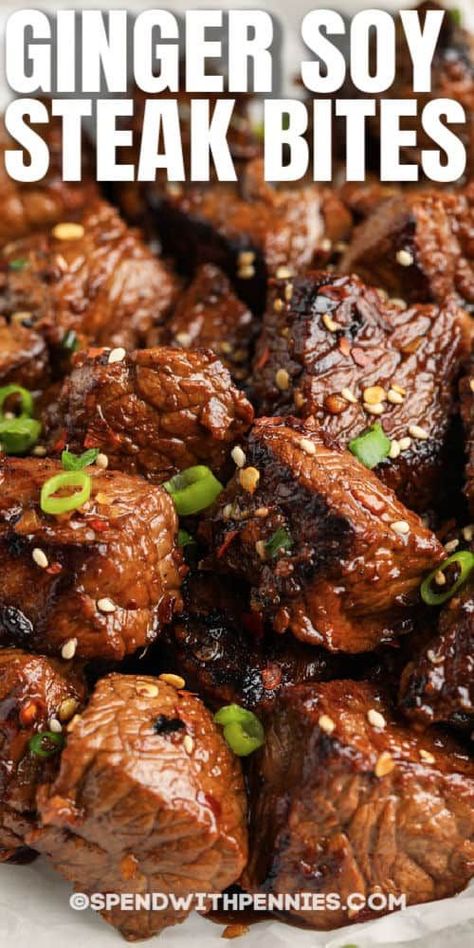 Sirloin Steak Bites, Ginger Steak, Steak Bits, Asian Steak, Soy Ginger Sauce, Asian Steak Bites, Soy Ginger, Cooking Steak, Steak Bites Recipe