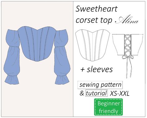 Sweetheart Top Pattern, Sweetheart Corset Pattern, Sweetheart Bodice Pattern Free, Sewing Sleeves Pattern Ideas, Free Corset Pattern Pdf, Corset Sewing Pattern Free, Free Top Pattern, Free Top Sewing Pattern, Diy Corset Top Pattern