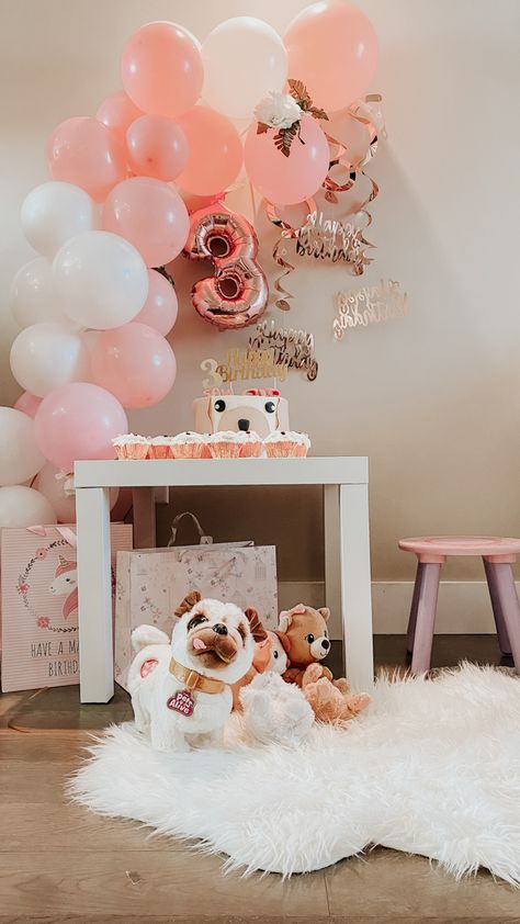 Simple third birthday set-up for my Savi ❤️ 3rd Bday Cake, 3rd Birthday Girl, Birthday At Home, Party Setup, Puppy Birthday, Bday Cake, Third Birthday, Set Up, Birthday Girl