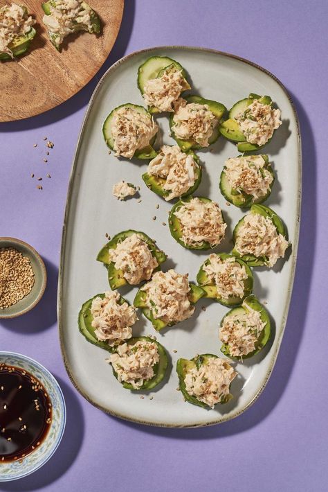 Delish Sushi Bites, Cucumber Snacks, Bacon Wrapped Scallops, Types Of Sushi, Cucumber Bites, Make Ahead Appetizers, Refreshing Food, Summer Appetizer, Cucumber Recipes