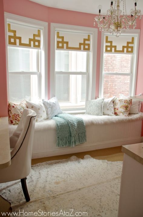 Roman Shades Weren’t Built in a Day Do It Yourself Decoration, Gorgeous Bathroom, Roman Shade, Valances, Pink Walls, Greek Key, Window Seat, Duct Tape, Cornice