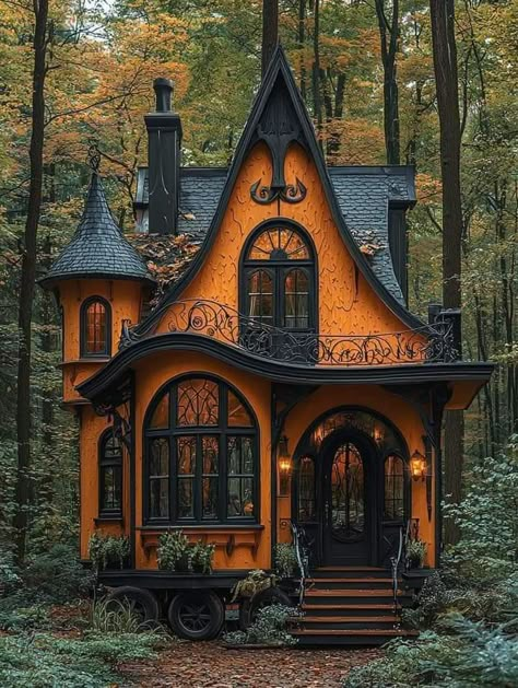 Spooky Tiny House, Victorian Witch House, Gothic Tiny House Interior, Witchy House Exterior, Goblin House, Gothic House Exterior, Witchy Houses, Casa Do Hobbit, Halloween Interior Decorations