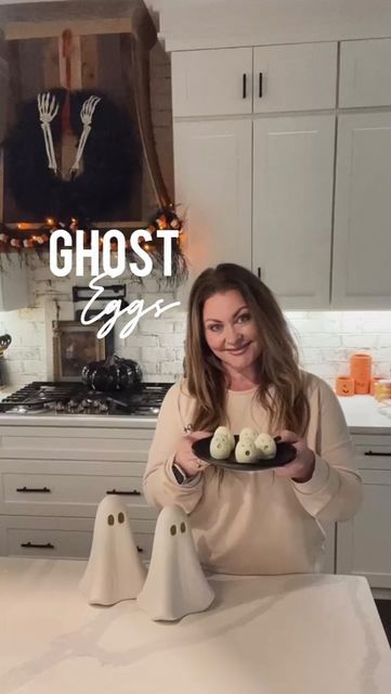 Elaine Citro on Instagram: "Ghost Eggs! How adorable are these cute ghost eggs? These couldn’t be any easier, but have a huge impact on the table at your Halloween party. -Boil and peel your eggs -Slice straight across bottom so egg will stand -You will need 2 straws with 2 different size openings (paper straws work best) -Use your smaller straw for the two eyes -Use the larger straw for the mouth -Be extra careful not to push too far through These are sure to be a big hit . #hallowee Ghost Eggs, Two Eyes, Paper Straws, Cute Ghost, Halloween Party, Straw, Ghost, Two By Two, Egg