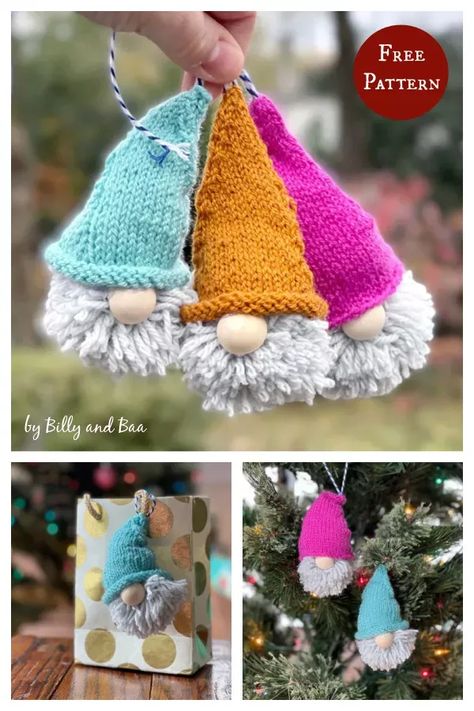 Knitted Pillow Patterns, Knitted Christmas Decorations Free Patterns, Small Knitted Christmas Decorations, Knitted Xmas Decorations, Christmas Knitting Projects Free, Knit Gnomes Free Pattern, Knitting Christmas Decorations, Knitted Gnomes, Knitted Gonk Pattern Free