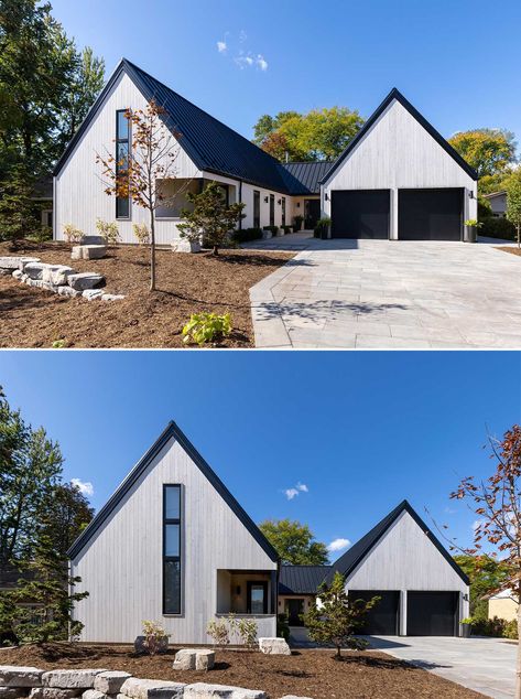 This Scandinavian Inspired House Design Has An Exterior Of Vertical White Cedar Siding And A Black Metal Roof Cedar Exterior House, Modern White House Exterior, White Metal House, Scandinavian Exterior House, Scandinavian Farmhouse Exterior, Modern Scandinavian House Plans, Vertical Siding Exterior, Scandinavian Home Exterior, Scandinavian House Exterior