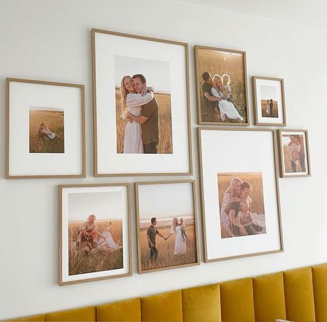 Picture Wall Ideas Engagement, Mixed Size Gallery Wall, Wedding Photo Wall Bedroom, Symmetrical Photo Wall, Engagement Photo Wall Decor, Mismatch Frame Gallery Wall, Wedding Pictures Collage Wall, Gallery Wall Engagement Pictures, Photo Wall Collage Gold Frames