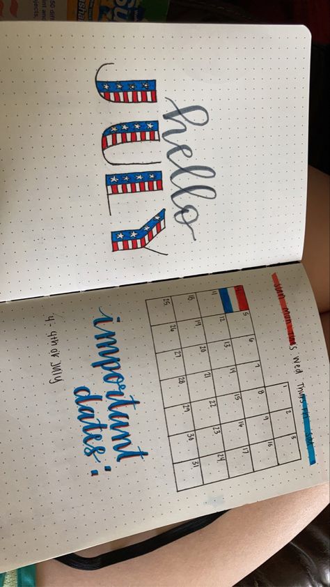 July Bullet Journal Cover Page. One side says “hello july” with each letter of July made to look like an American flag. The other side has the monthly calendar with room for important dates. July Whiteboard Calendar Ideas, July Whiteboard Calendar, July Planner Ideas, July Journal Ideas, July Calendar Ideas, Calendar Lettering, 4th Of July Drawings, July Doodles, July Bullet Journal Cover