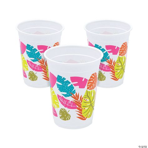 16 oz. Bright Tropical Leaf Luau Disposable Plastic Cups - 25 Ct. | Oriental Trading Beach Cups, Luau Party Supplies, Coconuts Beach, Coconut Cups, Tropical Party Decorations, Hawaiian Party Decorations, Tropical Punch, Beach Themed Party, Hawaiian Theme