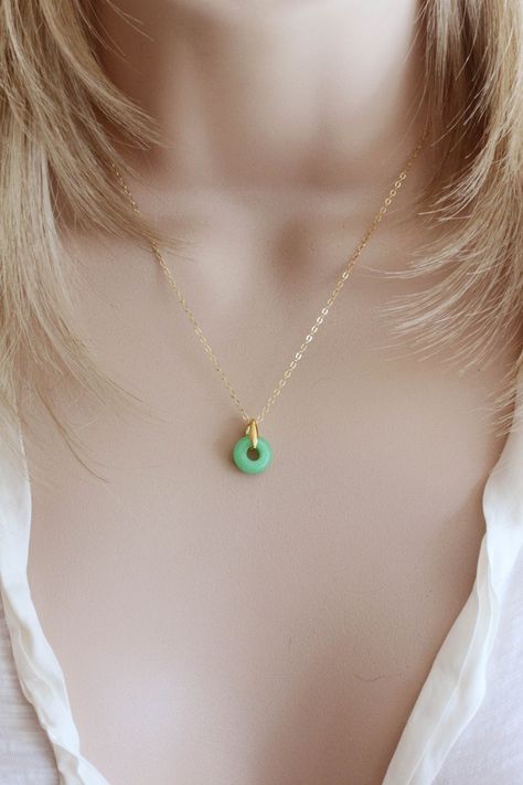 Tiny Jade Ring Necklace Jade Jewelry Dainty Round  Gold Jade Necklace Tiny Jade Necklace Gift For Her Simple Pearl Earrings, Green Jade Necklace, Chinese Green, Donut Pendant, Water Mill, Compass Necklace, Jewelry Dainty, Jade Necklace, Jade Ring