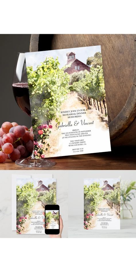 Invite guests to your informal winery party honoring the bride and groom with the casual yet classy Vineyard and Red Barn Watercolor Wedding Rehearsal Dinner Invitation. This scenic custom natural vineyard style Rehearsal Dinner Invite features a digitally watercolor painted scenic photograph of rows of green grape vines growing along path with a red barn in the distance and red roses in the foreground. Perfect inspo for a California or Napa Valley wine country destination celebration Vineyard Invitations, Winery Party, Barn Watercolor, Wedding Guests Photos, Wedding Evites, Green Grape, Wedding Rehearsal Dinner Invitations, Watercolor Wedding Invitation, Rehearsal Dinner Invitation