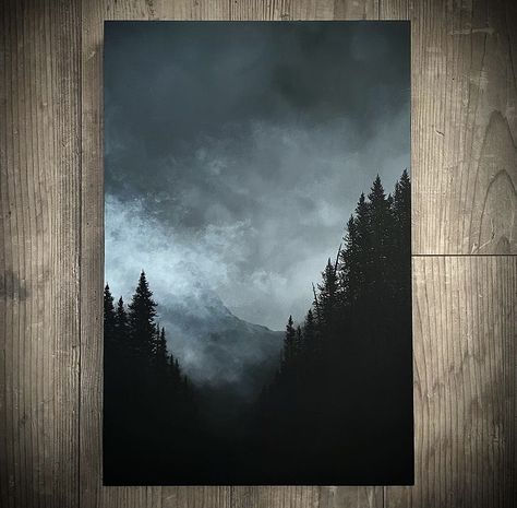 Abstract Wall Painting Ideas Bedroom, Foggy Forest Drawing, Dark Forest Acrylic Painting, Dark Forest Art Paintings, Canvas Painting Ideas Mountains, Foggy Landscape Painting, Black And Grey Paintings, Forest Painting Easy, Dark Painting Ideas