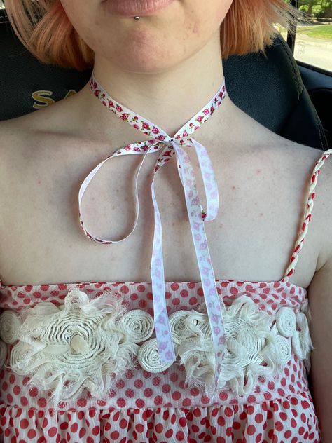 Ribbon Aesthetic Outfit, Red Ribbon Outfit Aesthetic, Pink Spring Dress With Ribbon, Ribbon Necklace Aesthetic, Blonde Hair With Pink Ribbon, Ribbons Aesthetic, Dress Summer Aesthetic, Closet Manifestation, Super Senior