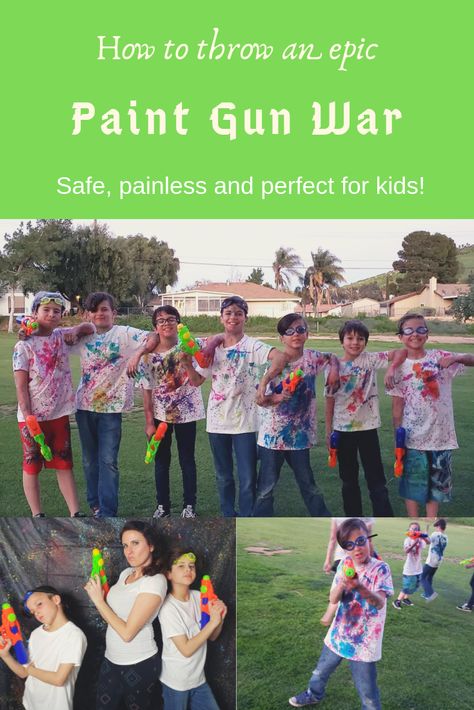 Your guide to throwing a memorable, kid-friendly Paint Gun War Party! #paintgun #paintball #paintwar Paintball Birthday Party, Messy Party, Paintball Birthday, Teenager Party, Paintball Party, Color Wars, Painting Birthday, Art Birthday Party, Art Birthday