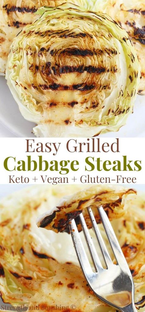 Grilled Cabbage Steaks | Strength and Sunshine | These melt-in-your-mouth Grilled Cabbage Steaks are the best way to serve up the humble vegetable! Just 3 ingredients, healthy, naturally keto, vegan, gluten-free, allergy-free, and paleo! The charred & smokey flavors of this tender grilled cabbage recipe make it a perfect quick & easy side dish that's ready in 10 minutes! Dress it up with toppings for a savory low-carb entree! Bbq Cabbage Grilled, Cabbage On Blackstone Griddle, Bbq Cabbage, Grilled Cabbage Recipes, Grilled Cabbage Wedges, Grilled Cabbage Steaks, Best Grilled Vegetables, Cabbage Steaks Recipe, Cabbage Wedges