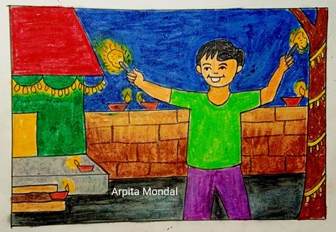 Drawing Pics, Diwali Drawing, Colour Drawing, Art Drawings For Kids, Happy Diwali, Colorful Drawings, Pictures To Draw, Drawing For Kids, Oil Pastel