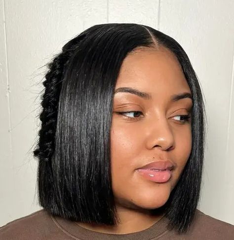 Bob Wig With Fishtail Braid, Middle Part Bob With Fishtail Braid, Tape In Extensions Black Women Bob, Bob With Fishtail Braid Black Women, Bob Black Women Middle Part, Middle Part Bob Sew In, Bob With Fishtail Braid, Simple Braid Hairstyles For Black Women, Bob Quick Weave Hairstyles Middle Part