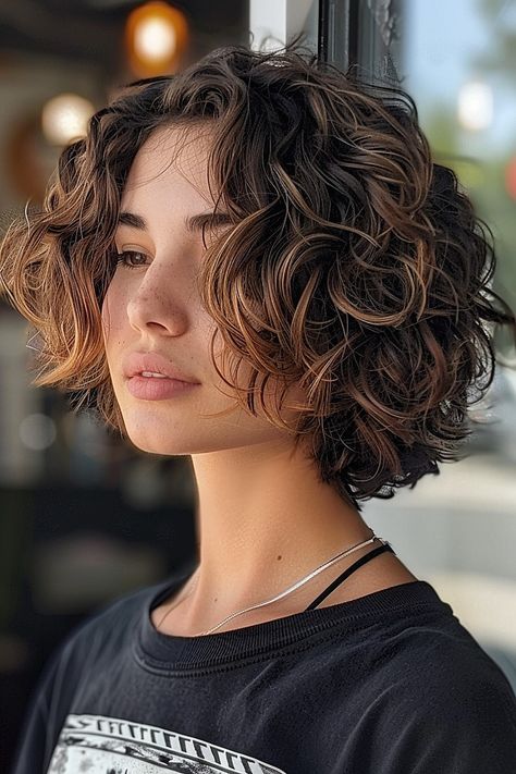 Curly bob with razor-cut edges and warm balayage highlights. Curly Short Hair Balayage, Curly Bob Fine Hair, Chin Length Shaggy Bob, Curly Layered Bob Mid Length, Short Fine Curly Hair, C4 Hair, Voluminous Curly Hair, Wendy Hair, Deep Brunette