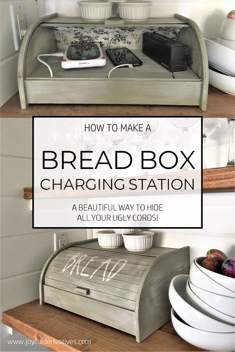 Charging Station / How to Hide Cords / Bread Box / DIY Tutorial / Organizing Trick / How to Hide Clutter Hide Clutter, Hide Cords, Charging Stations, Bread Box, Kitchen Drawer, Box Diy, Simple Ideas, Tutorial Diy, Simple Diy