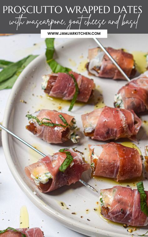 Holiday Christmas appetizer prosciutto wrapped dates stuffed with goat cheese, mascarpone and basil Finger Foods For Date Night, Prosciutto Wrapped Appetizers, Date Night Finger Food Ideas, Savory Date Recipes, Procuitto Recipes Appetizers, New Years Food Ideas Appetizer Recipes, Stuffed Dates Recipes Appetizers, Entrees Recipes Starters, Stuffed Dates Recipes