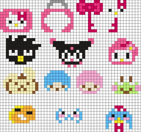 Sanrio Locket And Charms Perler Bead Pattern | Bead Sprites | Characters Fuse Bead Patterns Friends Pixel Art, Easy Perler Bead Patterns, Pearl Beads Pattern, Easy Perler Beads Ideas, Fuse Bead Patterns, Hello Kitty Friends, Easy Pixel Art, Hama Beads Design, Perler Bead Templates