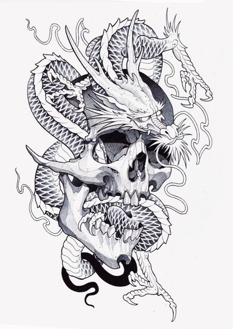 Skull And Dragon Tattoo, Dragon With Skull Tattoo, Dragon And Skull Tattoo, Dragon Skull Tattoo, Dragon Tattoo With Skull, Dragon Tattoo Stencil, Dragon Tattoo Art, Armband Tattoos, Japanese Dragon Tattoo