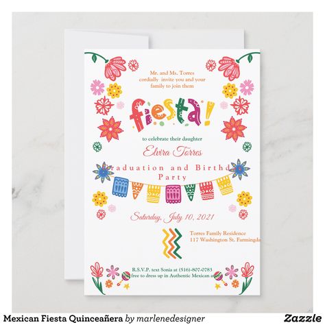 Mexican Theme Party Invitations, Mexican Theme Party, Quinceañera Invitation, Mexican Theme, Colorful Invitations, Fiesta Theme, Flowers Colorful, Quinceanera Party, Quinceanera Invitations