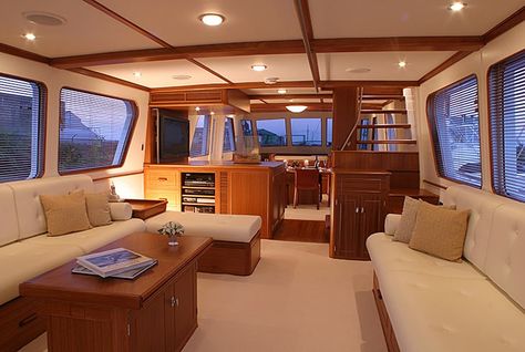 Small Yacht Interior, Wood Boat Interior, Yacht Interior Decor, Boat Renovation, Boat Remodel, Cabin Cruiser Boat, Hatteras Yachts, Boat House Interior, Boat Interior Design