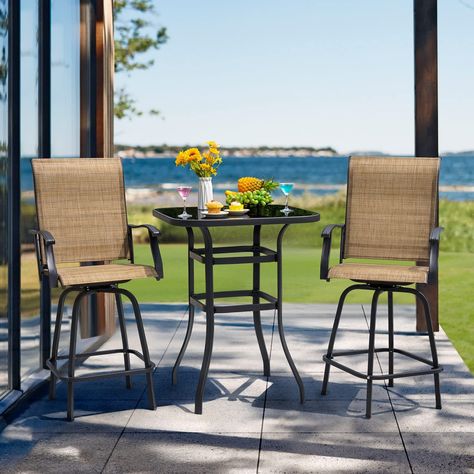 Devoko Patio Swivel Bar Set 3 Pieces Patio High Top Bar Table and Stools Chairs Set Textilene Sling Fabric Outdoor Bar Stools Set of 2 for Garden, Balcony High Top Bar Table, Outdoor Bistro, Bar Table And Stools, Bistro Table Outdoor, 3 Piece Dining Set, Table Bistrot, Patio Bar Stools, Outdoor Bistro Set, Bar Patio