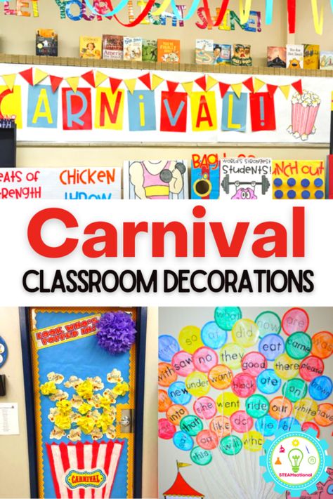 Carnival Decorations Classroom, Classroom Door Circus Theme, Preschool Carnival Decorations, Carnival Theme Door Decorations, Circus Theme Classroom Bulletin Boards, Carnival Bulletin Board Ideas Classroom, Carnaval Classroom Decoration, Carnival School Party, Carnival Decorations Kindergarten