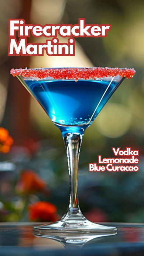 Firecracker Martini Blue Caraco Drinks, Martini Variations, Vodka Martini Recipes, Blue Curacao Drinks, Crafty Cocktails, July Cocktails, Lemonade Cocktails, Wine Mixed Drinks, Cocktail Cards