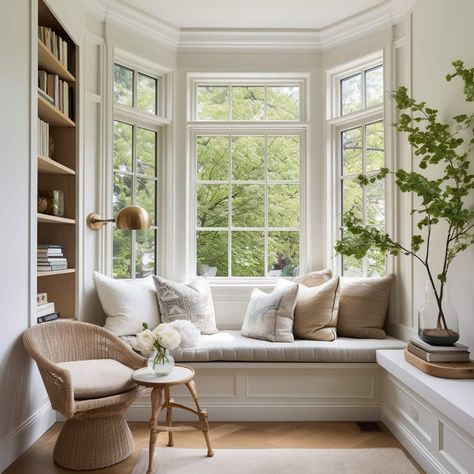 Our Favorite Bay Window Ideas - Plank and Pillow Bedroom Bay Window Seat, Bay Window Reading Nook, Window Nooks, Cozy Window Nook, Window Seat Ideas, Window Bay, Library Rooms, Bay Window Living Room, Home Library Rooms