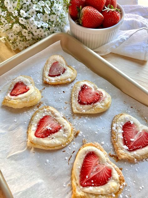 Strawberry Cheesecake Danish Hearts - Kenna's Cooks Strawberry Cheesecake Danish, Cream Cheese Custard, Cheesecake Danish, Heart Shaped Cookie, Strawberry Powder, Heart Shaped Cookies, Cheesecake Cookies, Danish Food, Pie Shell