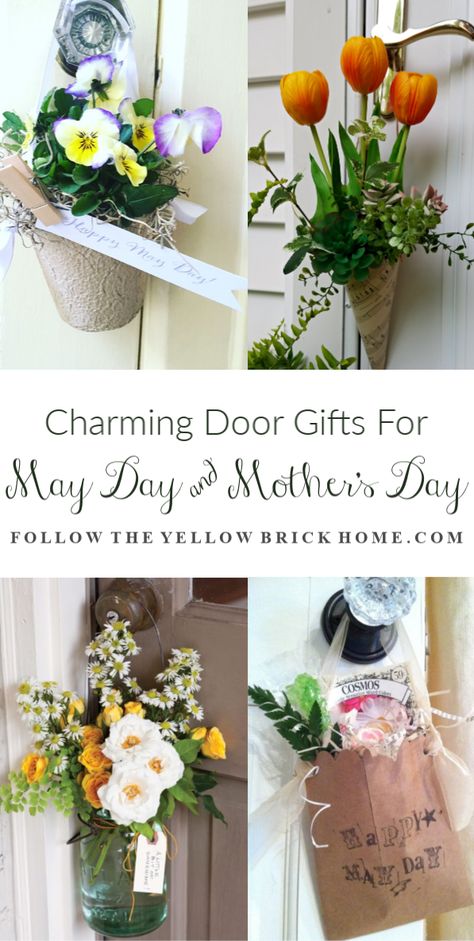 Charming-Door-Gifts-for-May-Day-and-Mothers-Day May Day Gifts, May Day Ideas, Beltane Celebration, French Ethereal, May Baskets, May Day Baskets, Door Basket, Yellow Brick Home, Vintage Mason Jars