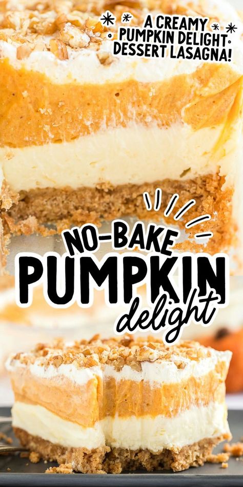 Pumpkin Delight Pumpkin Delight Dessert Recipe, Pumpkin Delight Dessert, Delight Dessert Recipe, Pumpkin Cream Cheese Bars, Graham Cracker Dessert, Layered Pumpkin Dessert, Pumpkin Spice Desserts, Whipped Cream Filling, Delight Dessert