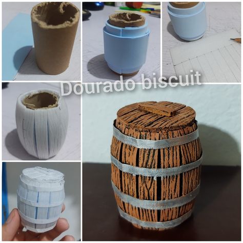 Step by step wood barrel made of foam, cardboard roll and EVA #tutorial #diorama #barrel Miniature Barrel Diy, Miniatures Tutorials Dnd, Diorama Diy Tutorials, D&d Miniatures Diy, Diorama Ideas Diy, Cardboard Diorama, Diy Barrel, Diorama Diy, Barrel Art