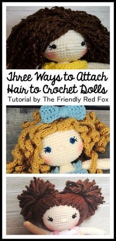 How to Attach Hair to a Crochet Doll- attaching yarn hair, ringlets and pigtails and pony tails! Crochet Doll Tutorial, Nosara, Crochet Dolls Free Patterns, Crochet Amigurumi Free Patterns, Crochet Amigurumi Free, Crochet Doll Clothes, Doll Tutorial, Crochet Doll Pattern, Doll Hair