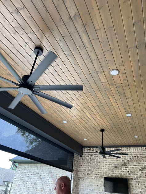 Screened Porch Lighting Ideas, Black Porch Ceiling Ideas, Black Patio Ceiling, Covered Patio Stained Ceiling, Black Ceiling Screened In Porch, Pine Patio Ceiling, String Lights Screened In Porch With Fan, Patio Ceiling Ideas, Porch Ceiling