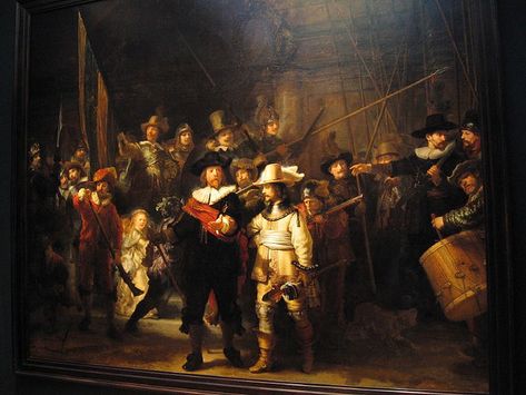 The Night Watch by Rembrandt van Rijn, 1640 - 1642. Rembrandt painted The Militia Company of Captain Frans Banning Cocq between 1640 and 1642. This picture was called the Nachtwacht by the Dutch and the Night Watch by Sir Joshua Reynolds. The Night Watch, Rembrandt Paintings, Istoria Artei, Night Watch, Most Famous Paintings, Rembrandt Van Rijn, Dutch Golden Age, Baroque Art, Johannes Vermeer