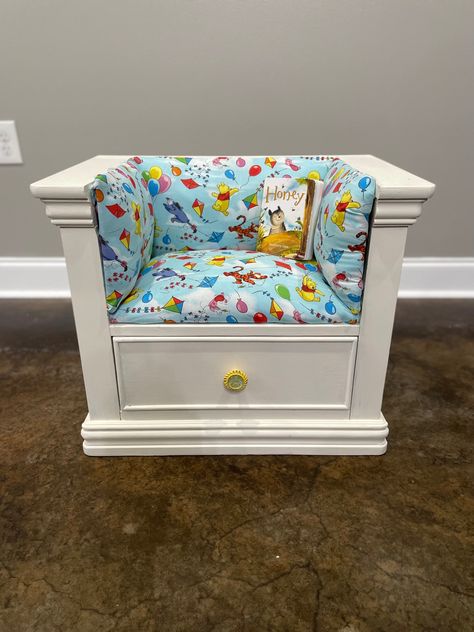 Turn an old nightstand into a kid’s reading chair Turn Nightstand Into Chair, Nightstand To Chair Diy, Nightstand Chair Transformation, Old Nightstand Repurpose, Chair Out Of Nightstand, Nightstand Into Chair, Nightstand Book Chair, Reading Nook From Old Dresser, Nightstand Chair Diy