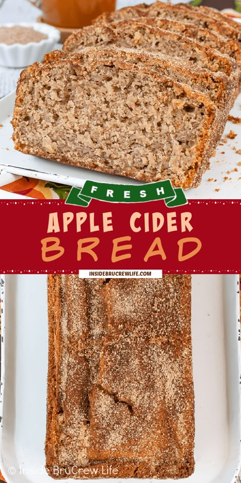 Apple Cider Bread - fresh apples, apple cider, and apple pie spice make this sweet bread taste amazing. Make this apple bread recipe for breakfast or brunch this fall. Recipes Using Apple Pie Spice, Yeasted Apple Bread, Apple Cider Loaf Bread, Apple Spice Bread Recipe, Apple Cider Cinnamon Bread, Apple Cider Desserts Easy, Desserts Using Apple Cider, Baking With Apple Cider, Apple Cider Recipes Desserts Easy