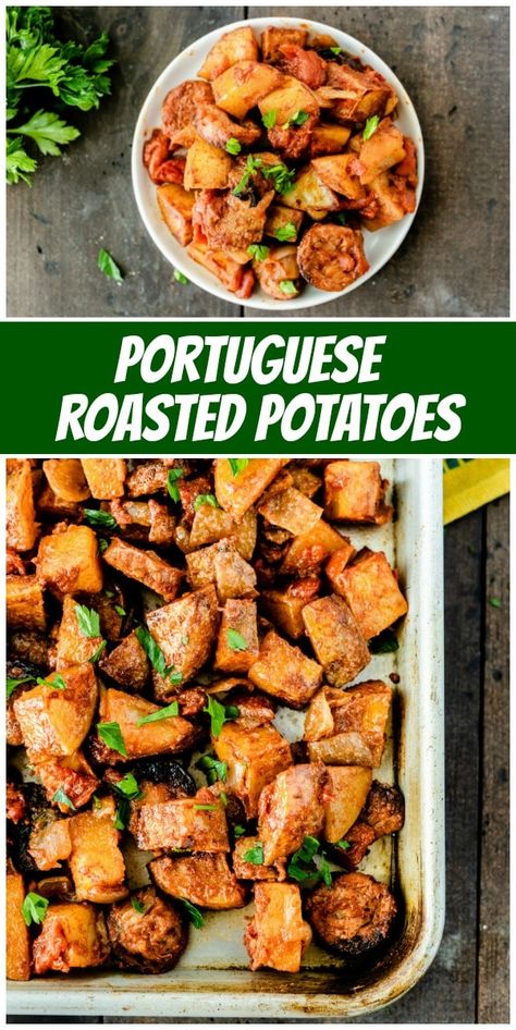 Portuguese Roasted Potatoes recipe from RecipeGirl.com #portuguese #roasted #potato #potatoes #sausage #recipe #RecipeGirl Portuguese Potatoes, Baking Potatoes, Roasted Potato, Types Of Potatoes, Sausage Dishes, Roasted Potato Recipes, Pork Stew, Sausage Recipe, Cooking Recipes Healthy