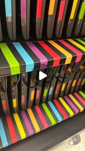 Dana Niblett on Instagram: "Color coding my chromebook cart is one of the BEST decisions that I’ve ever made for my classroom! 💻 

I purchased a roll of multi-colored washi tape from Amazon and it was the perfect way to organize the cart so that my students were held accountable for putting their chromebooks away appropriately.

Each chromebook is numbered and each numbered chromebook has a color coded spot and cord in the cart. This number corresponds with the students’ desk number so students are easily identified if they don’t return their chromebook appropriately.

#classroomorganization #classroommanagement #classroompinspirations #classroomsetup #scienceteacher" Chromebook Cart Cord Organization, Chromebook Labels, Computer Cart Organization Classroom, Chromebook Cart Organization, Classroom Chromebook Organization, Chromebook Organization In The Classroom, Chromebook Storage Classroom, Student Mailboxes Classroom, Chromebook Storage