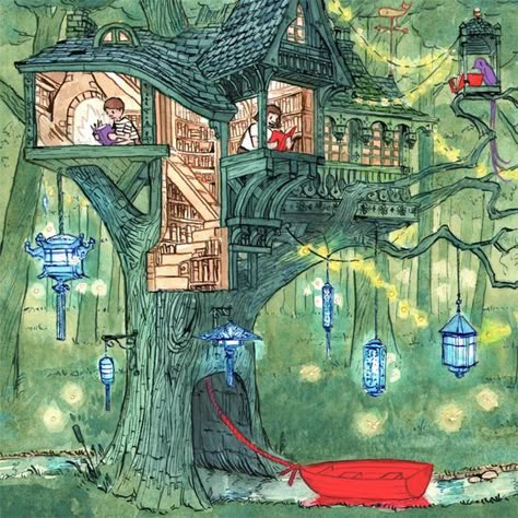 One of my childhood dreams: Live on a tree house with nooks filled with books :D Have that vision after reading a children book about a bunny living in a tree, only that bunny drinks tea instead of chewing carrots. Maybe he's a Brit :D anyway this is a close visual of that dream Wordless Book, 동화 삽화, Reading Art, Childrens Illustrations, Malbec, Print Artist, Children's Book Illustration, A Drawing, Children's Books