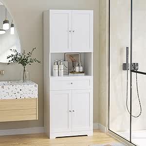 HIFIT Tall Bathroom Storage Cabinets, Modern Linen Storage Cabinet with 4 Doors & Shelves & Drawer, 67" H Tall Storage Cabinet Freestanding for Bathroom, Living Room, Kitchen, Pantry, White Bathroom Storage Cabinets, Linen Storage Cabinet, Tall Bathroom Storage Cabinet, Tall Bathroom Storage, Tall Storage Cabinet, Organizing Bathroom Cabinets, Tall Bathroom, Countertop Design, Door Shelves