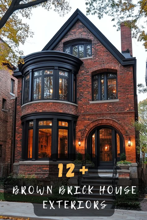 Embrace the timeless elegance of brown brick exteriors! Ready to enhance your home's appearance? Click for chic and classic design ideas that elevate your facade. 🏠✨ #TimelessElegance #BrownBrickExterior #ChicHome #ClassicDesign #FacadeUpgrade Historic Brick Homes, Modern Foursquare House, Mixed Brick House Exterior, Chimney In Front Of House Exterior, Black Brick Exterior House, Victorian Brick House, Brownstone Windows, Tudor Style Homes Exterior Color Schemes, Brick House Entrance