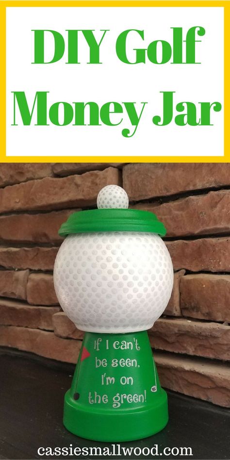 This DIY golf money jar or candy jar is an awesome golf gift idea for men for Father's Day, birthdays, or Christmas.  Your boyfriend, Dad, brother, friends, or anyone who plays golf will love receiving this for their man cave.  An easy homemade present for the man in your life! Money Jars Diy, Candy Jar Gift Ideas, Diy Golf, Money Jar, Golf Lover Gifts, Birthday Decorations For Men, Golf Diy, Diy Gifts For Men, Baskets For Men